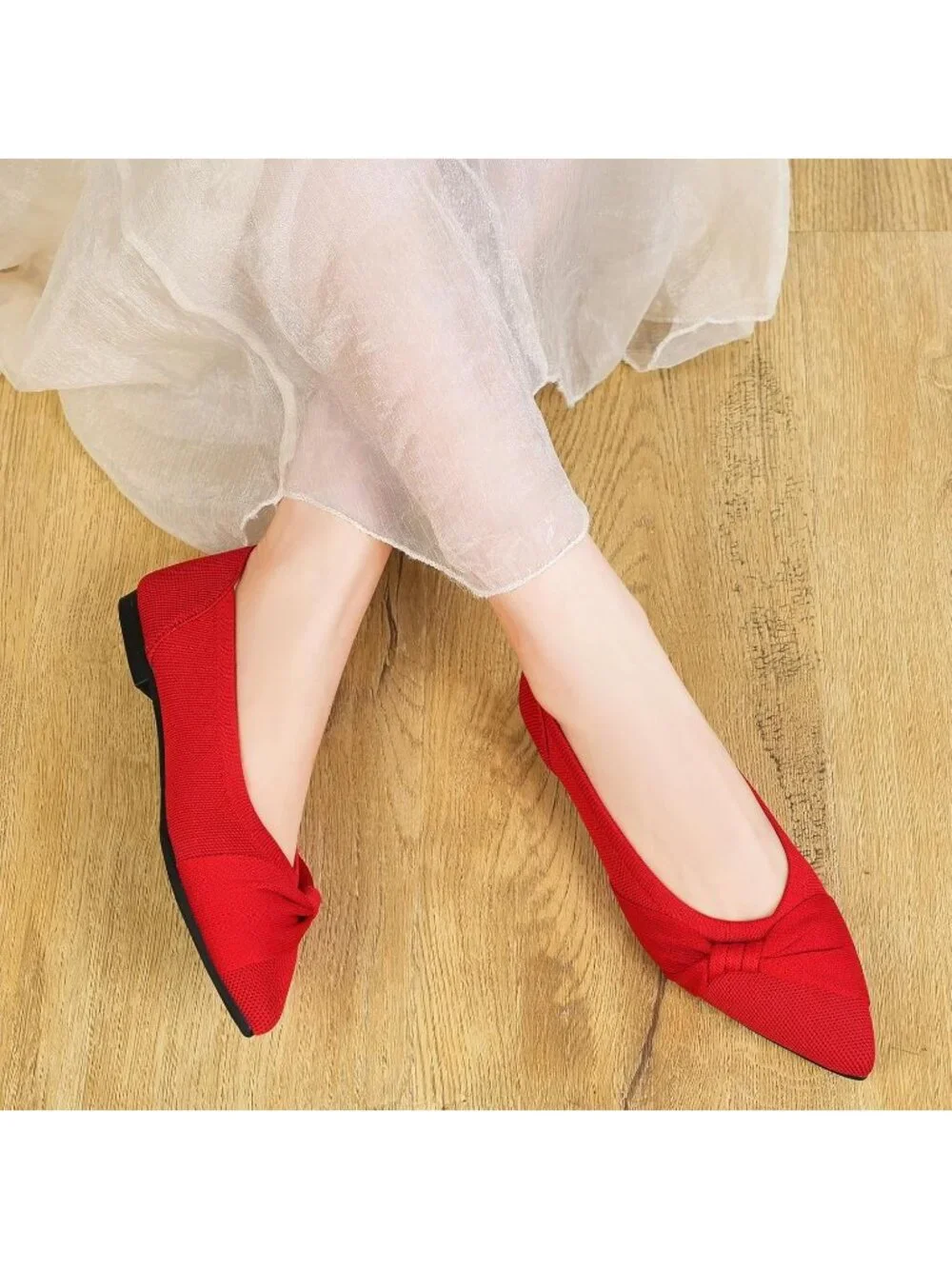 Women's Red Knit Comfortable Ballet Flats Pointed Toe Lightweight Casual Shoes